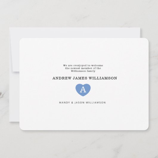 男の赤ちゃんシンプルフォトコラージュブルーモノグラムハート 案内状 (裏面)