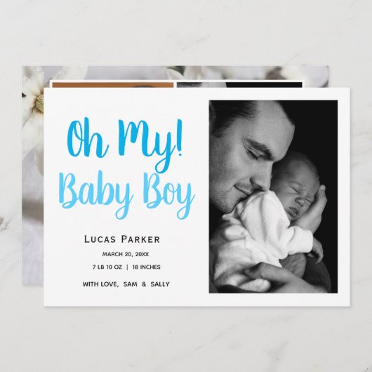 男の赤ちゃんシンプルフォトコラージュ誕生 案内状 (正面/裏面)