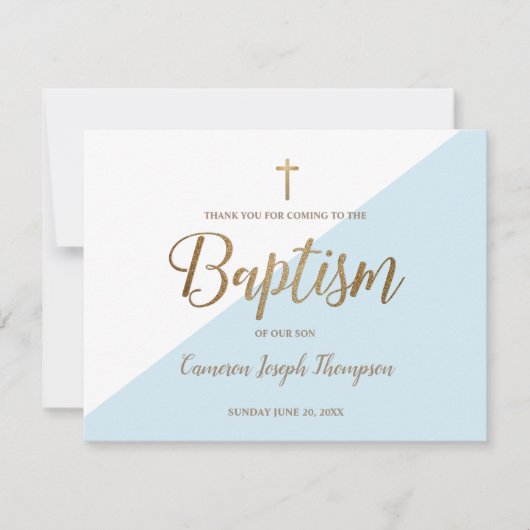 男の赤ちゃんシンプルブルーバプテスマ金ゴールドサンキューユー カード (正面)