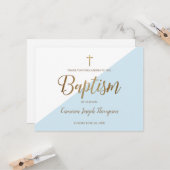 男の赤ちゃんシンプルブルーバプテスマ金ゴールドサンキューユー カード (正面/裏面インサイチュ)