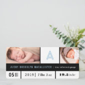 男の赤ちゃんシンプル統計ブルーモノグラム2写真誕生 案内状 (スタンド正面)