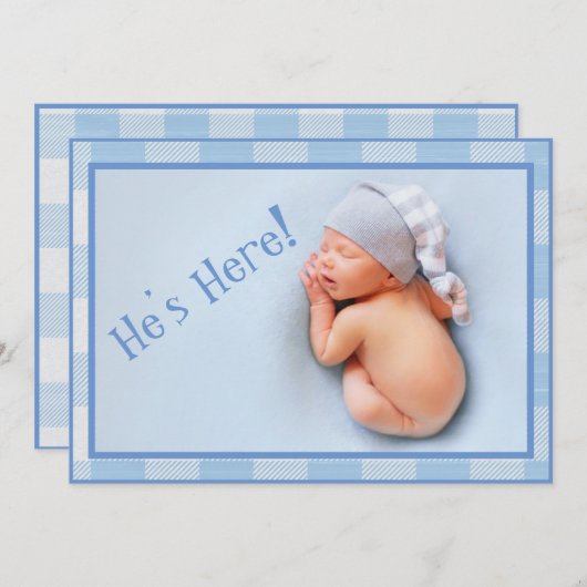 男の赤ちゃんジンガムプライドモダンフォト誕生 案内状 (正面/裏面)