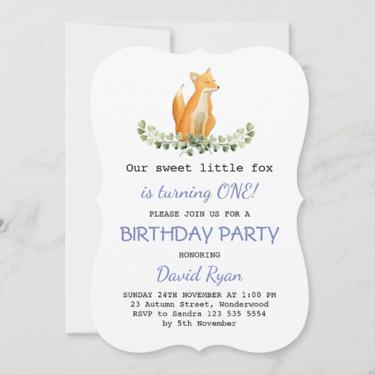 男の赤ちゃんスウィートキツネウッドランドバースデーパーティー 招待状 (正面)