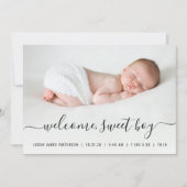 男の赤ちゃんスクリプトハート写真の誕生発表 案内状 (正面)