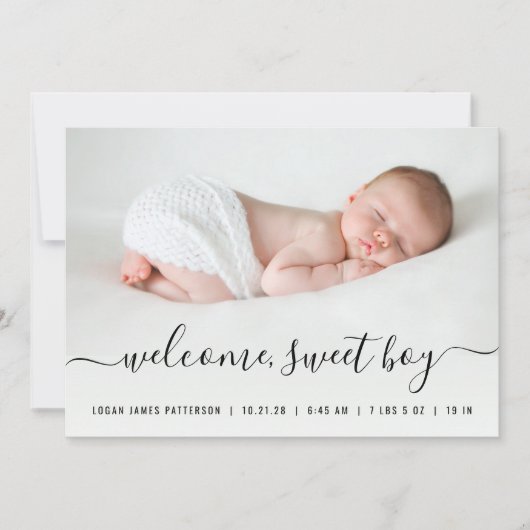 男の赤ちゃんスクリプトハート写真の誕生発表 案内状 (正面)