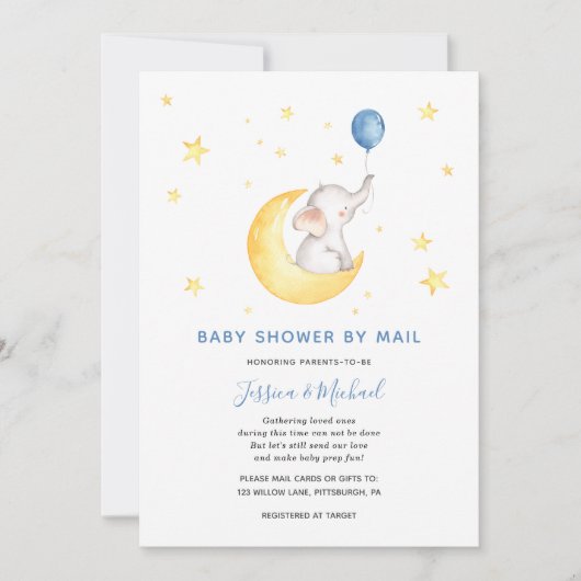 男の赤ちゃんスターエレファントベビーシャワーバイメール 招待状 (正面)