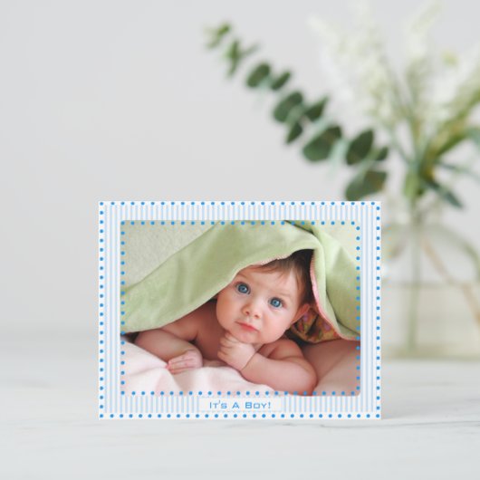 男の赤ちゃんストライプとドットベビー写真発表 案内状 (スタンド正面)
