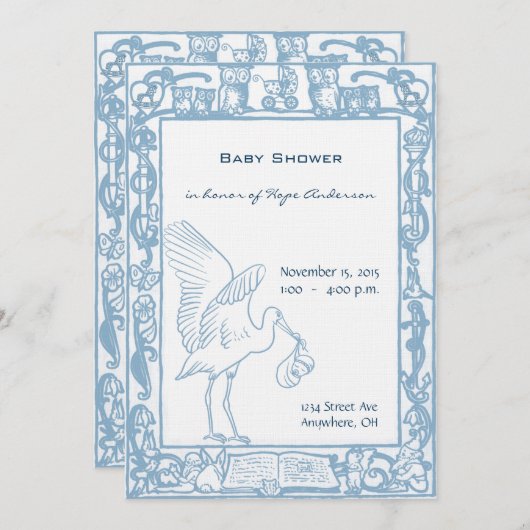 男の赤ちゃんストークとフクロウ縁どシャワーのお知らせ 招待状 (正面/裏面)