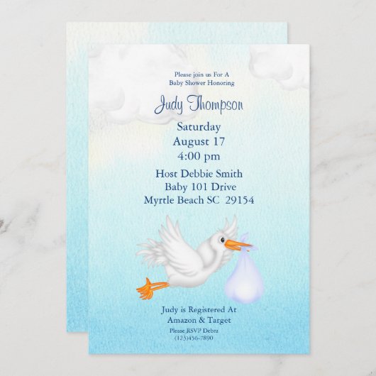 男の赤ちゃんストークシャワー招待状 招待状 (正面/裏面)