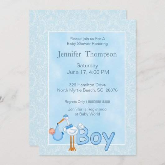 男の赤ちゃんストークシャワー招待状 招待状 (正面/裏面)