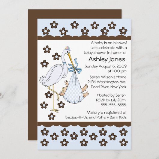 男の赤ちゃんストークボーイベビーシャワー招待状 招待状 (正面/裏面)