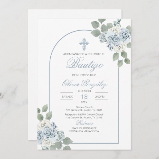 男の赤ちゃんスペインのの洗礼 招待状 (正面/裏面)