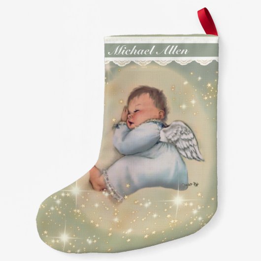 男の赤ちゃんスリパーソナライズされたーピングエンジェルヴィンテージ スモールクリスマスストッキング (裏面)