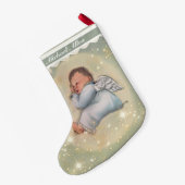 男の赤ちゃんスリパーソナライズされたーピングエンジェルヴィンテージ スモールクリスマスストッキング (裏面 (吊り時))