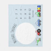 男の赤ちゃんズキュートブルートレインカートラクターマイルストーン フリースブランケット (正面)