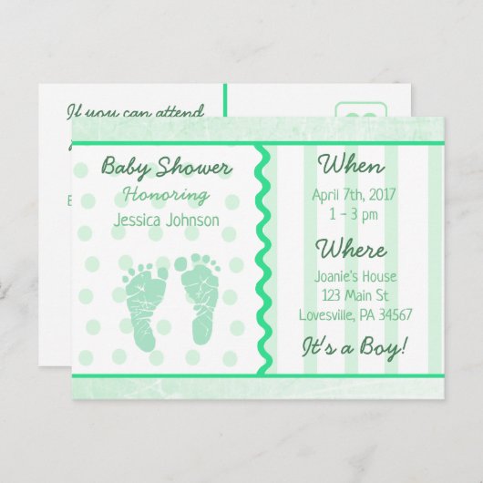 男の赤ちゃんセージ緑ベビーシャワー招待状 インビテーションポストカード (正面/裏面)