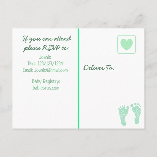 男の赤ちゃんセージ緑ベビーシャワー招待状 インビテーションポストカード (裏面)