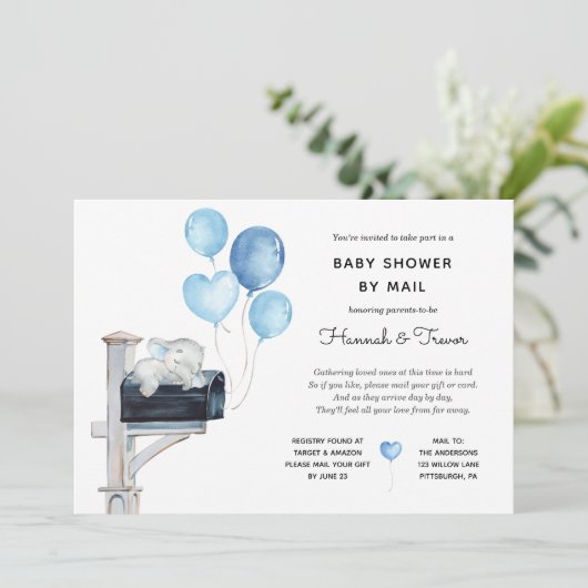 男の赤ちゃんゾウがメールボックスでシャワーをメールで浴びる 招待状 (スタンド正面)