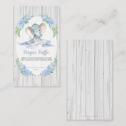 男の赤ちゃんゾウ赤ちゃんシャワーおむつラッフル エンクロージャーカード (正面/裏面)