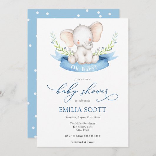 男の赤ちゃんゾウ赤ちゃんシャワー 招待状 (正面/裏面)