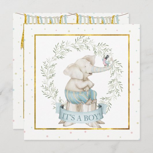 男の赤ちゃんゾウ赤ちゃんシャワー 招待状 (正面/裏面)