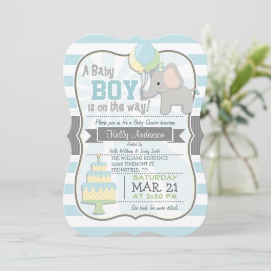 男の赤ちゃんゾウ、ジャングル動物の赤ちゃんシャワー 招待状 (スタンド正面)