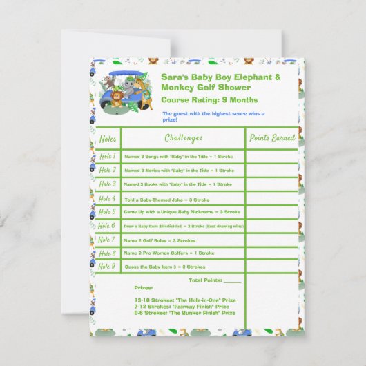 男の赤ちゃんゾウ&モンキーゴルフシャワースコアカード ノートカード (正面)