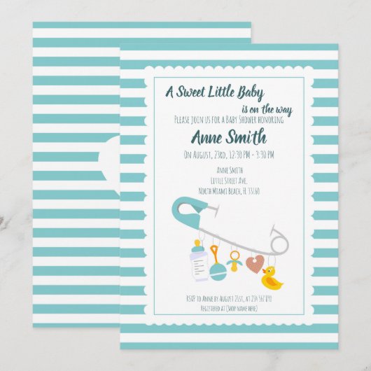 男の赤ちゃんチャームピン赤ちゃんシャワー招待状 招待状 (正面/裏面)