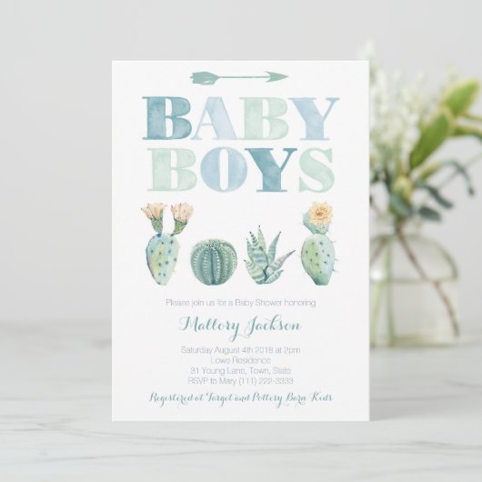 男の赤ちゃんツインまたは三つ子サボテン赤ちゃんシャワー 招待状 (スタンド正面)