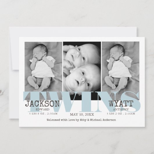 男の赤ちゃんツインズビューティフルブルー誕生のお知らせ 案内状 (正面)