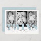 男の赤ちゃんツインズビューティフルブルー誕生のお知らせ 案内状 (正面/裏面)