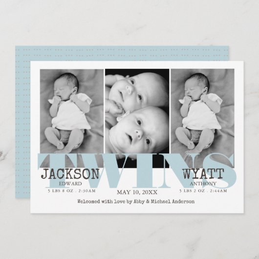 男の赤ちゃんツインズビューティフルブルー誕生のお知らせ 案内状 (正面/裏面)