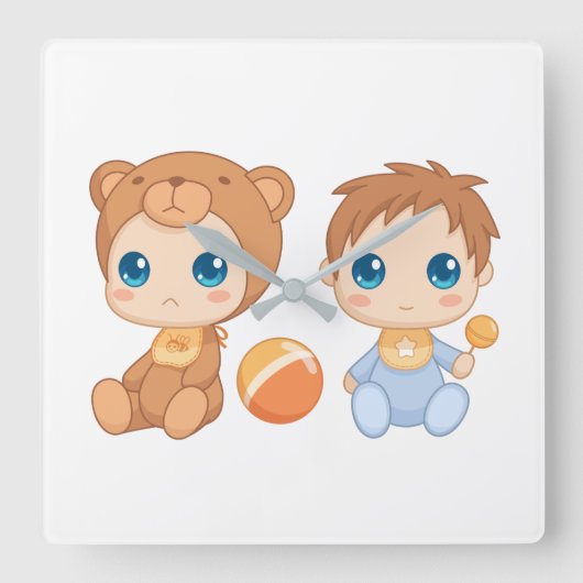 男の赤ちゃんツインズベアージャンプスーツ スクエア壁時計 (正面)