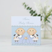 男の赤ちゃんツインズ&パピーズブルーベイビーシャワー 招待状 (スタンド正面)