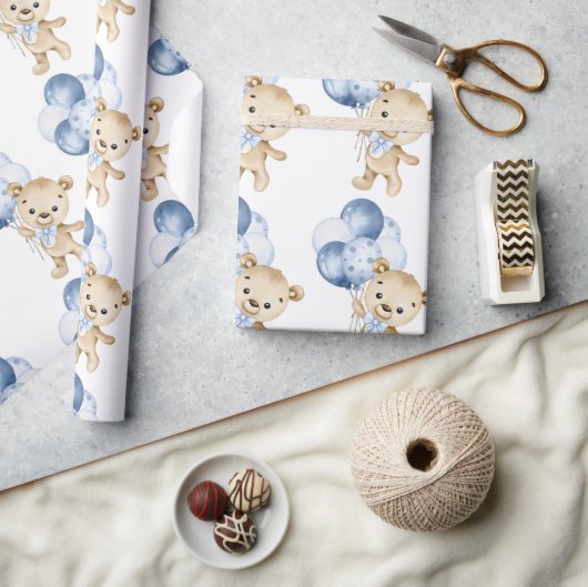 男の赤ちゃんテディベアブルーウォーターカラーラッピング紙 ラッピングペーパー (クラフト)