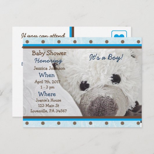 男の赤ちゃんテディベアベビーシャワー招待状 インビテーションポストカード (正面/裏面)