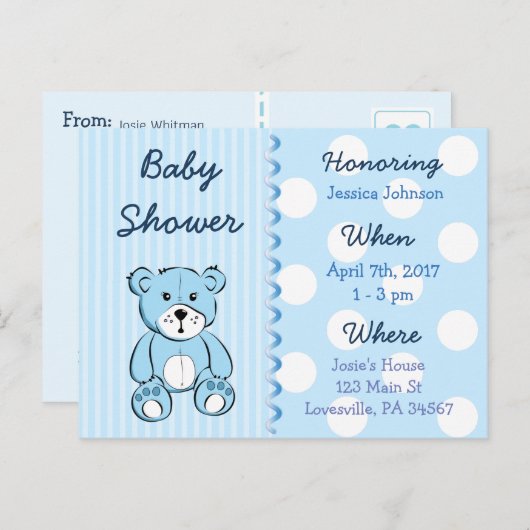 男の赤ちゃんテディベアベビーシャワー招待状 インビテーションポストカード (正面/裏面)