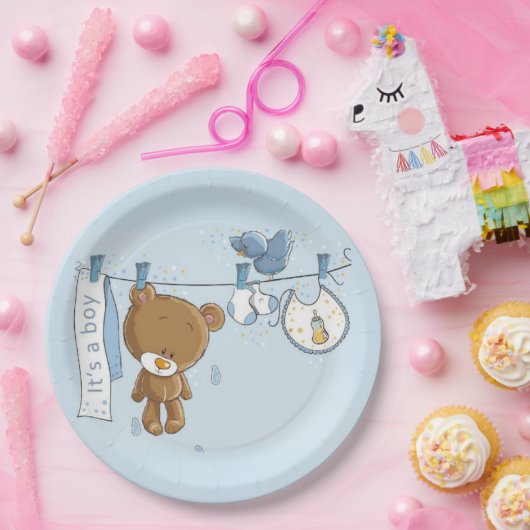男の赤ちゃんテディベアベビー ペーパープレート (パーティー)