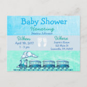 男の赤ちゃんトレインブルーベビーシャワー招待状 インビテーションポストカード (正面)