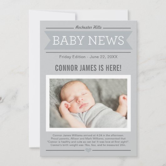 男の赤ちゃんニューモダンスグレーフォト誕生 案内状 (正面)