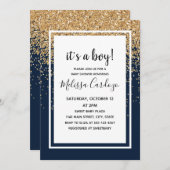 男の赤ちゃんネイビーブルーグリッターベビーシャワー 招待状 (正面/裏面)