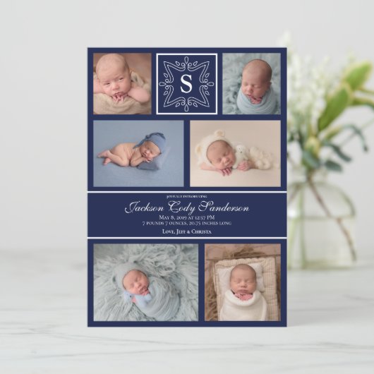 男の赤ちゃんネイビー写真誕生アナウンスメントモノグラム 案内状 (スタンド正面)