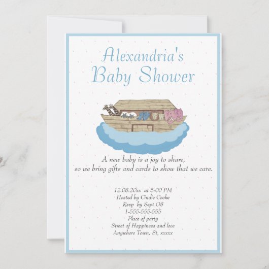 男の赤ちゃんノアズアークブルーベビーシャワー招待状 招待状 (正面)