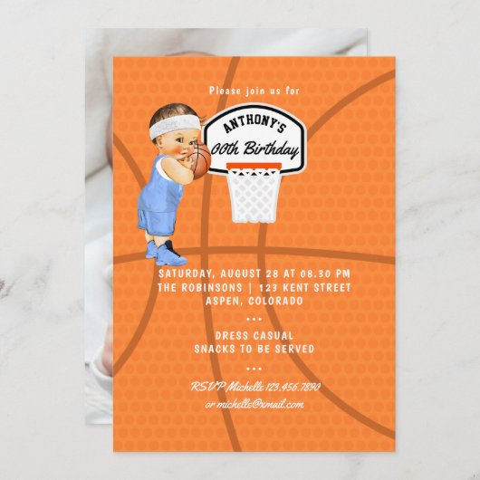 男の赤ちゃんバスケットボールバースデーパーティーの写真 招待状 (正面/裏面)
