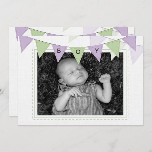 男の赤ちゃんバナーフラグ誕生写真の発表 招待状 (正面/裏面)
