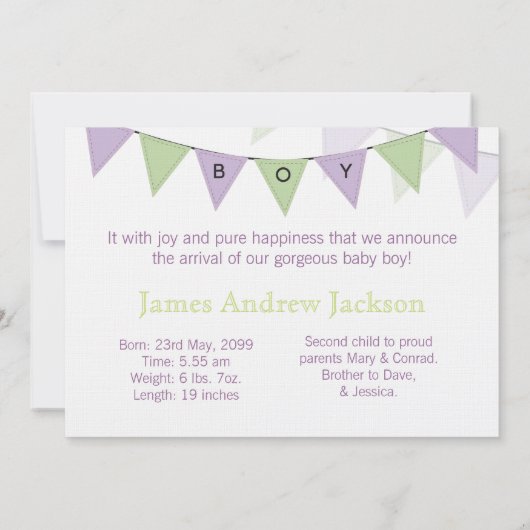 男の赤ちゃんバナーフラグ誕生写真の発表 招待状 (裏面)