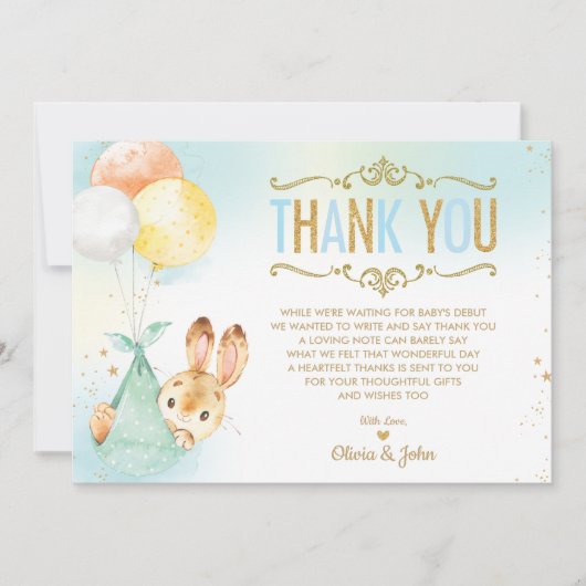 男の赤ちゃんバニーバルーンベビーシャワースプリンクル サンキューカード (正面)