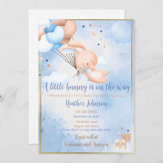 男の赤ちゃんバニーベビーシャワー 招待状 (正面/裏面)