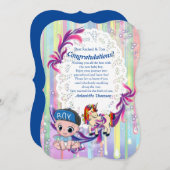 男の赤ちゃんバブルとユニコーンおめでとうカード 招待状 (正面/裏面)