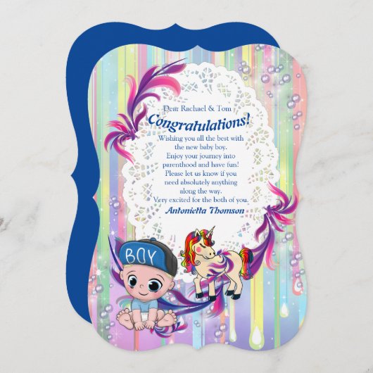 男の赤ちゃんバブルとユニコーンおめでとうカード 招待状 (正面/裏面)